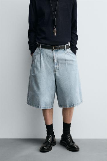 PLEATED RELAXED FIT DENIM BERMUDA SHORTS - Light blue by Zara
