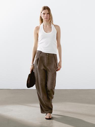 Pantalon wide leg 100 % lin - marron chiné de Zara