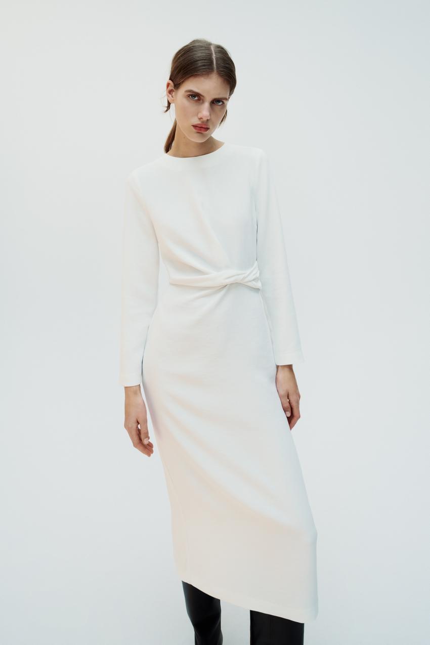 CREPE MIDI DRESS WITH KNOT - Oyster-white