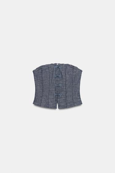 KORTE TOP MET TRENZEN EN LINNEN - Grijs van Zara