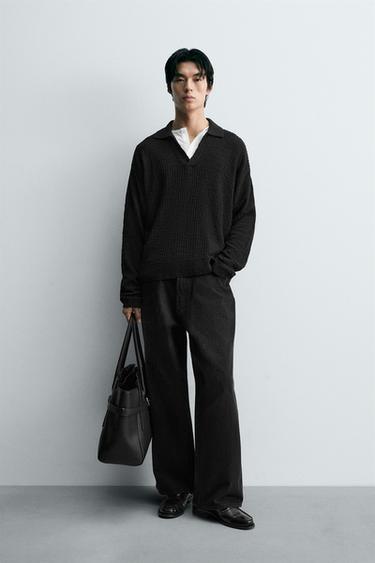 GEOMETRIC TEXTURED KNIT POLO SHIRT - Black by Zara