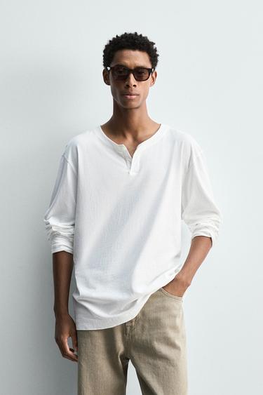 Zara BUTTON NECK T-SHIRT - White