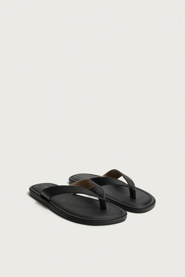 Zara LEATHER STRAP SANDALS - Black