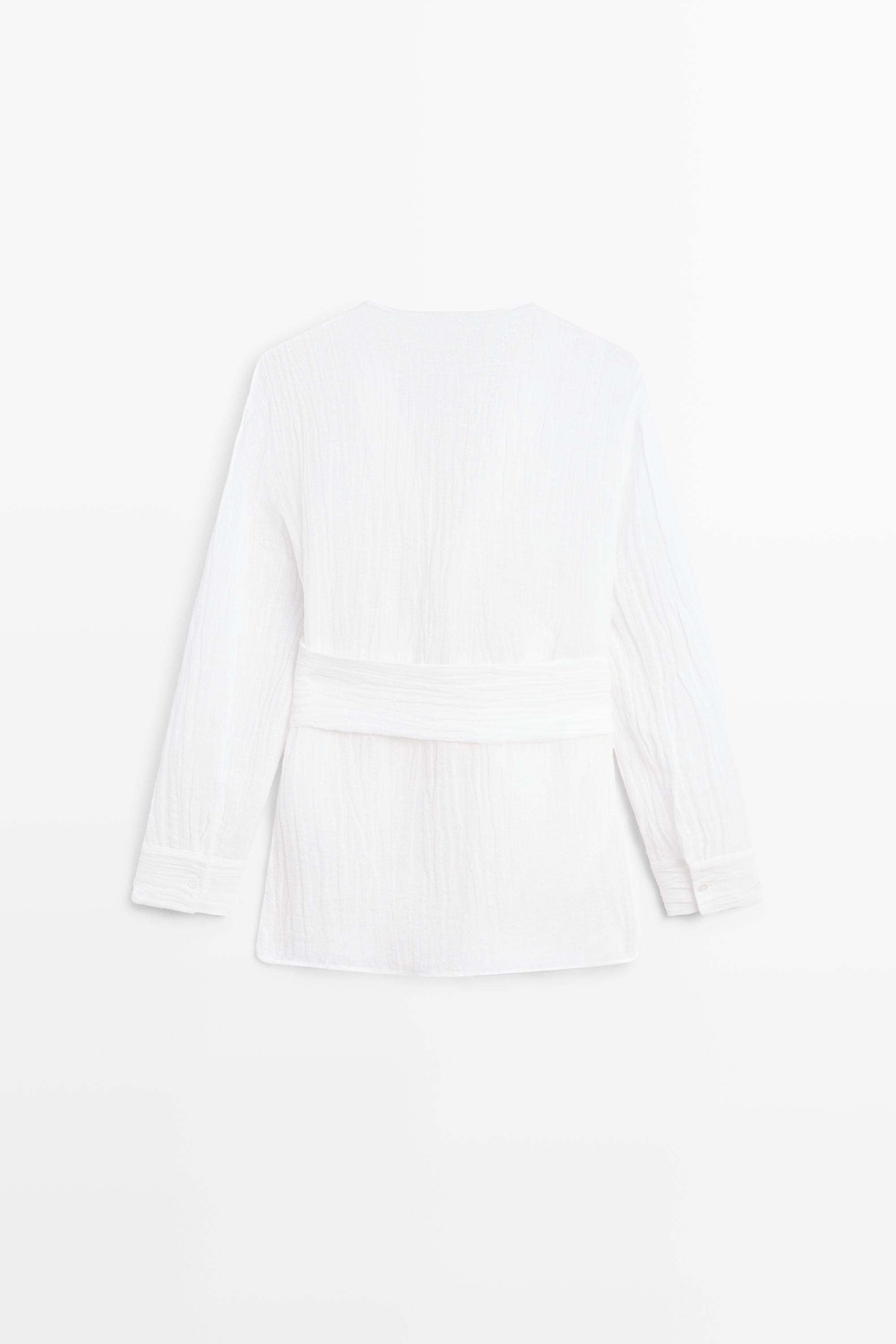 Linen blend blouse with sash belt