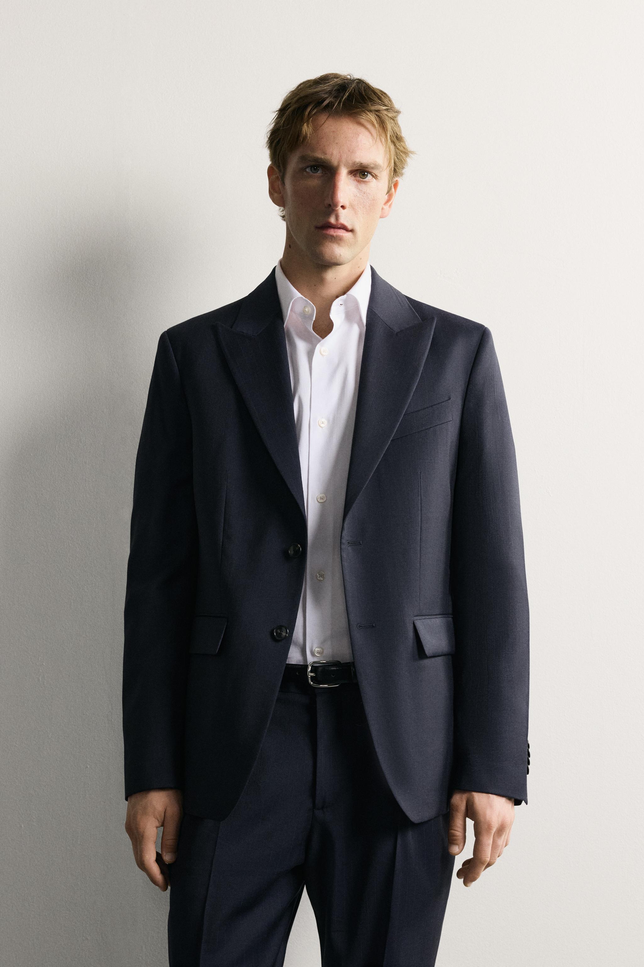 REGULAR FIT 100% WOOL PINSTRIPE SUIT BLAZER — Navy blue (alternate view)