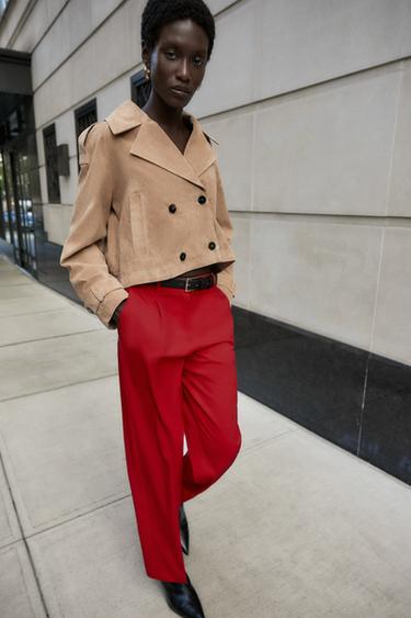 PANTALON DROIT CEINTURÉ - Rouge foncé de Zara - Image 1