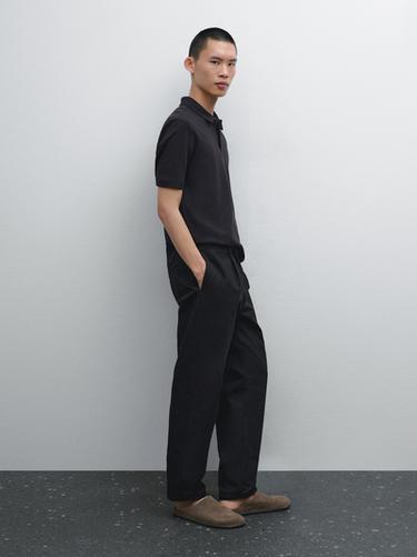 Zara 100% cotton textured knit polo shirt - Navy blue - Image 0