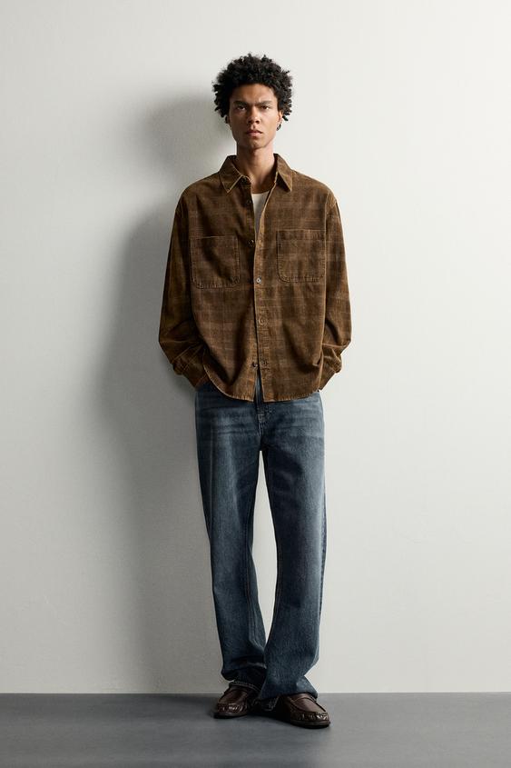 WASHED CHECK CORDUROY SHIRT - Brown by Zara - Image 0