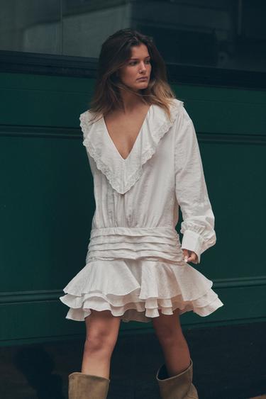 Zara RUFFLED EMBROIDERED SHORT DRESS - White