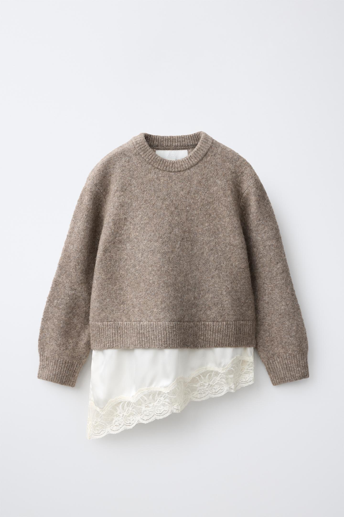 Детский свитер Zara Lace Combined Knit, цвет: Коричневый / Серо-коричневый