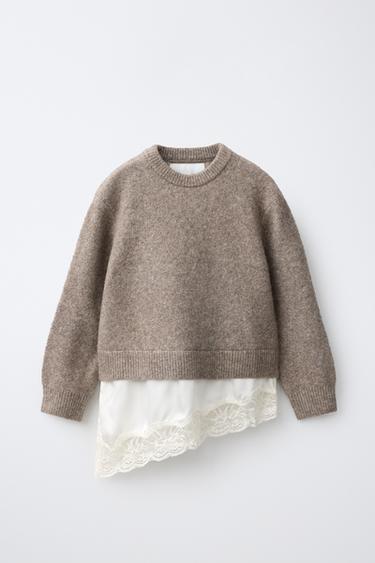 PULLOVER AUS FEINSTRICK IN MATERIALKOMBINATION MIT SPITZE - Braun / Braungrau von Zara