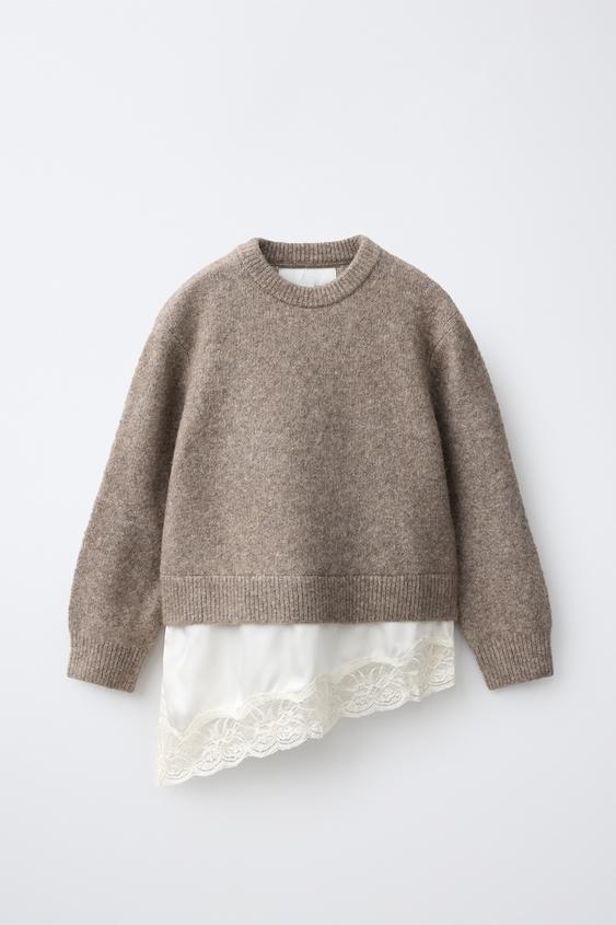 PULLOVER AUS FEINSTRICK IN MATERIALKOMBINATION MIT SPITZE - Braun / Braungrau von Zara - Bild 0