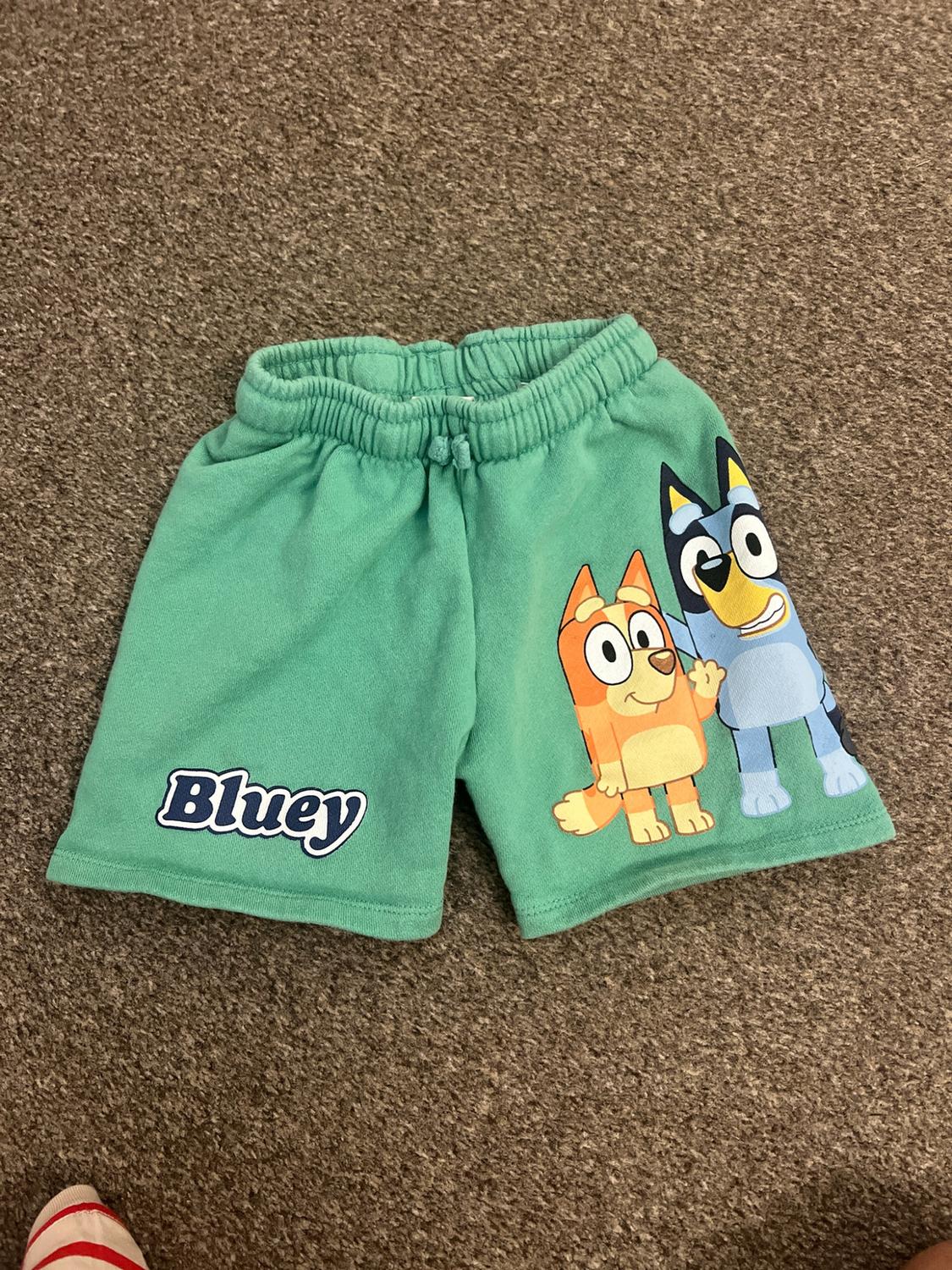 Green elasticated waist shorts on a carpet. Includes the text 'Bluey' and a print of the characters Bluey and Bingo.