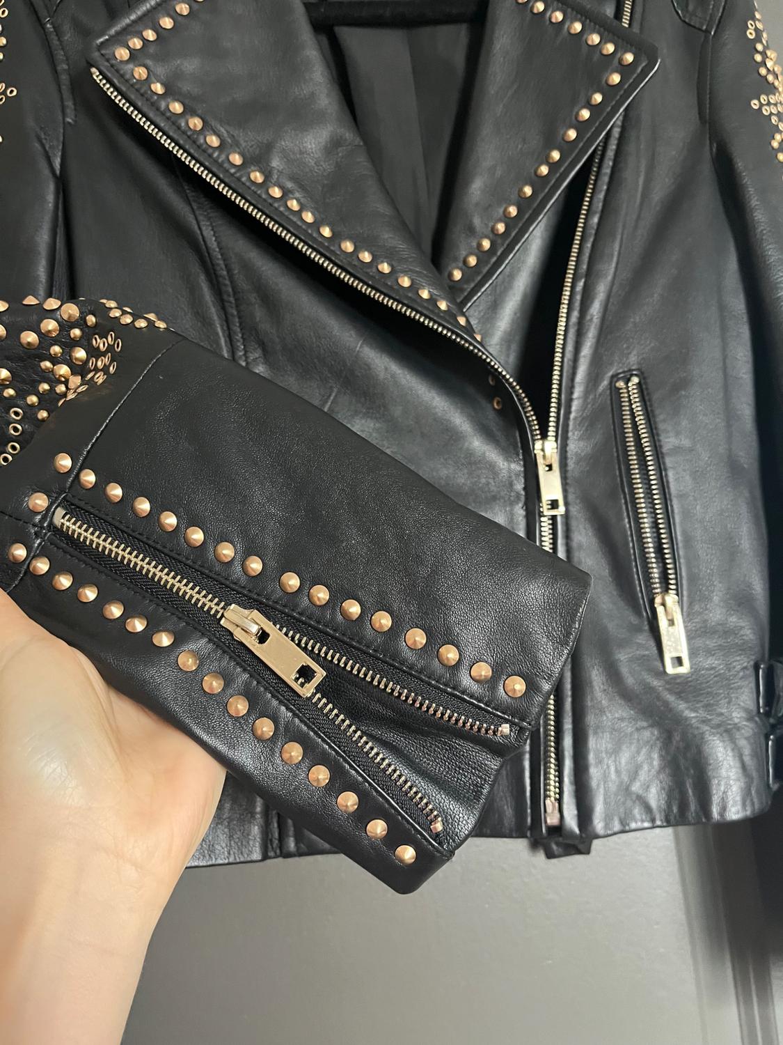ZARA LAMBSKIN NAPA LEATHER BIKER JACKET ROCK STUD BUCKLE STRAP BLACK GOLD - Image 3