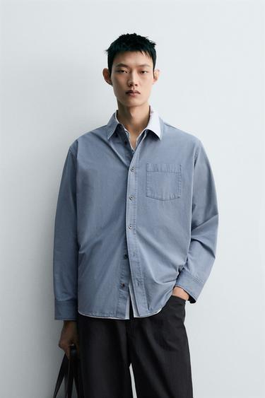 워싱 코튼 셔츠 - Zara 미디움 블루