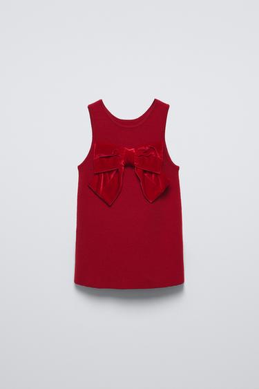 Zara BOW TRIM KNIT DRESS - Red - Image 0