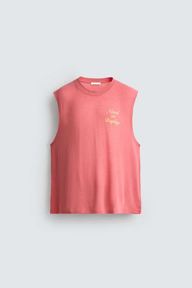 RELAXED FIT SLOGAN TANK TOP - Neon pink by Zara