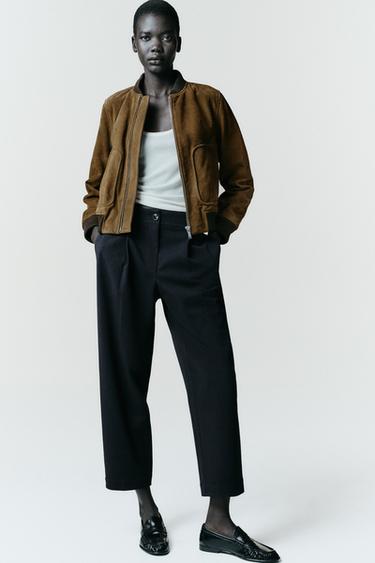 JAQUETA BOMBER COURO SUEDE 100% ZW COLLECTION LIMITED EDITION - Caqui-escuro da Zara