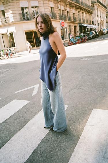 Zara TRF 寶石水鑽吊襠牛仔褲 - 海藍色