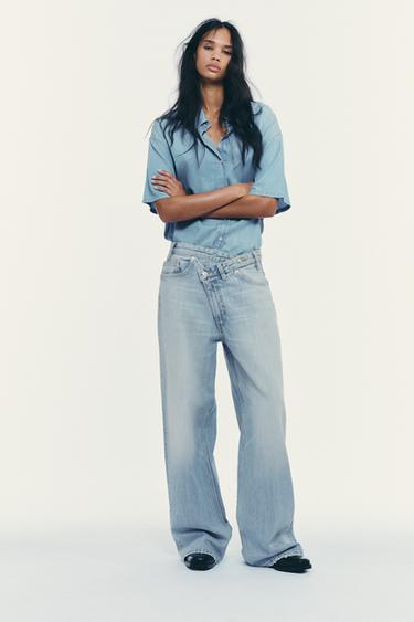 Zara TRF HIGH WAIST CROSSOVER WAIST WIDE LEG JEANS - Light blue