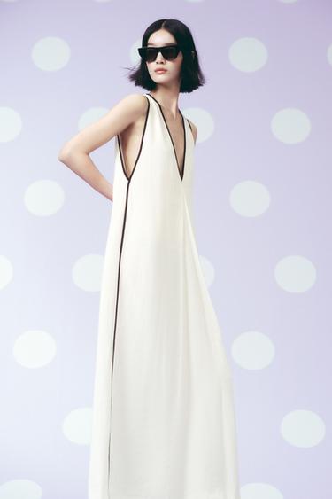 Zara ZW COLLECTION 亞麻混紡滾邊洋裝 - 裸色