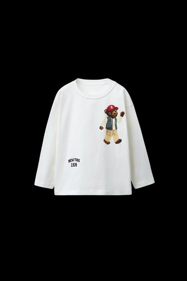 CAMISETA OSO TEXTO BORDADO - Blanco de Zara