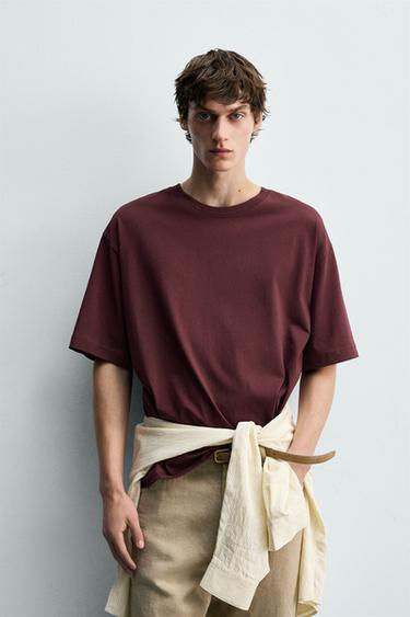 RELAXED FIT EMBROIDERED T-SHIRT - bordeaux/ecru by Zara - Image 1
