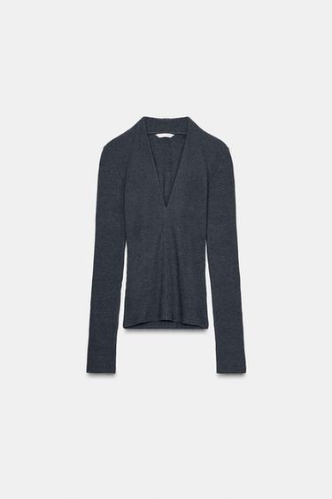 RIB V-NECK TOP - Charcoal by Zara