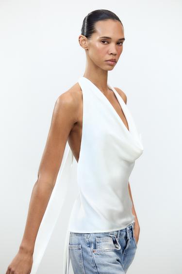 TOP SATINÉ HALTER - Blanc de Zara - Image 1