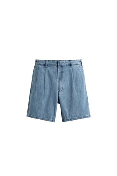 リラックスフィットプリーツデニムバミューダパンツライトブルーZaraのリラックスフィットプリーツデニムバミューダパンツ - ライトブルー 