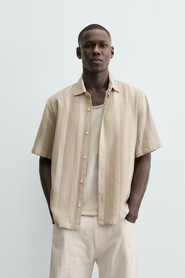 Zara RELAXED FIT TEXTURED STRIPED SHIRT - taupe brown
