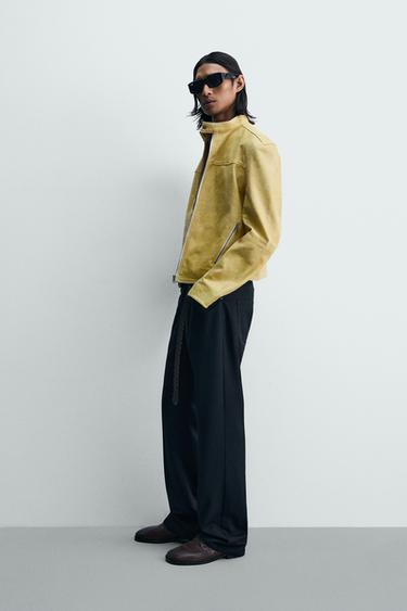 BLOUSON COURT EN CUIR LAVÉ - Jaune de Zara - Image 4
