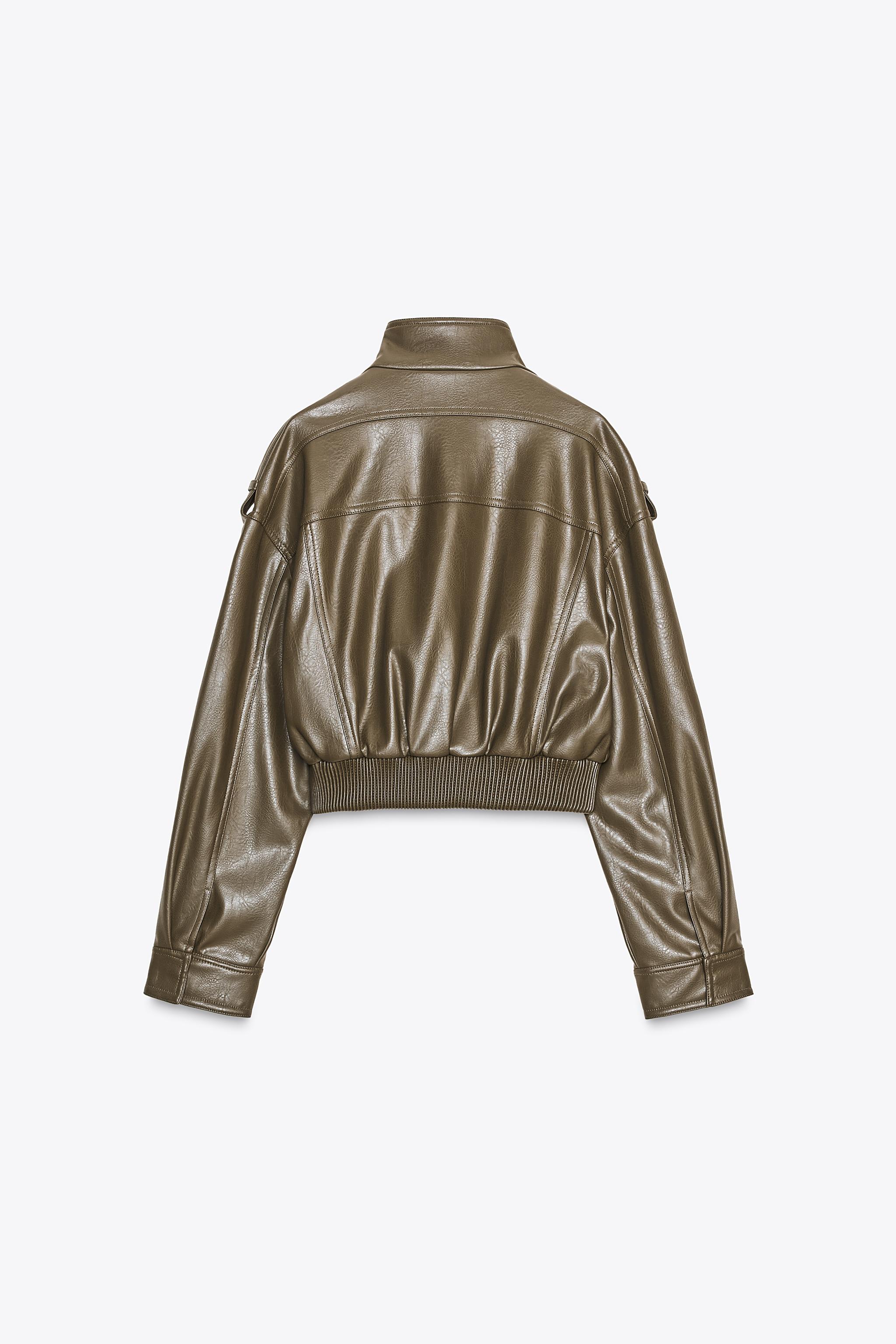 CHAMARRA CROP EFECTO PIEL - kaki-med | ZARA Mexico
