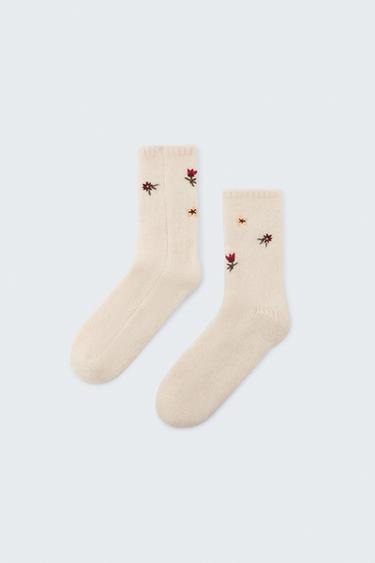 Zara EMBROIDERED FLOWER SOCKS - Ecru