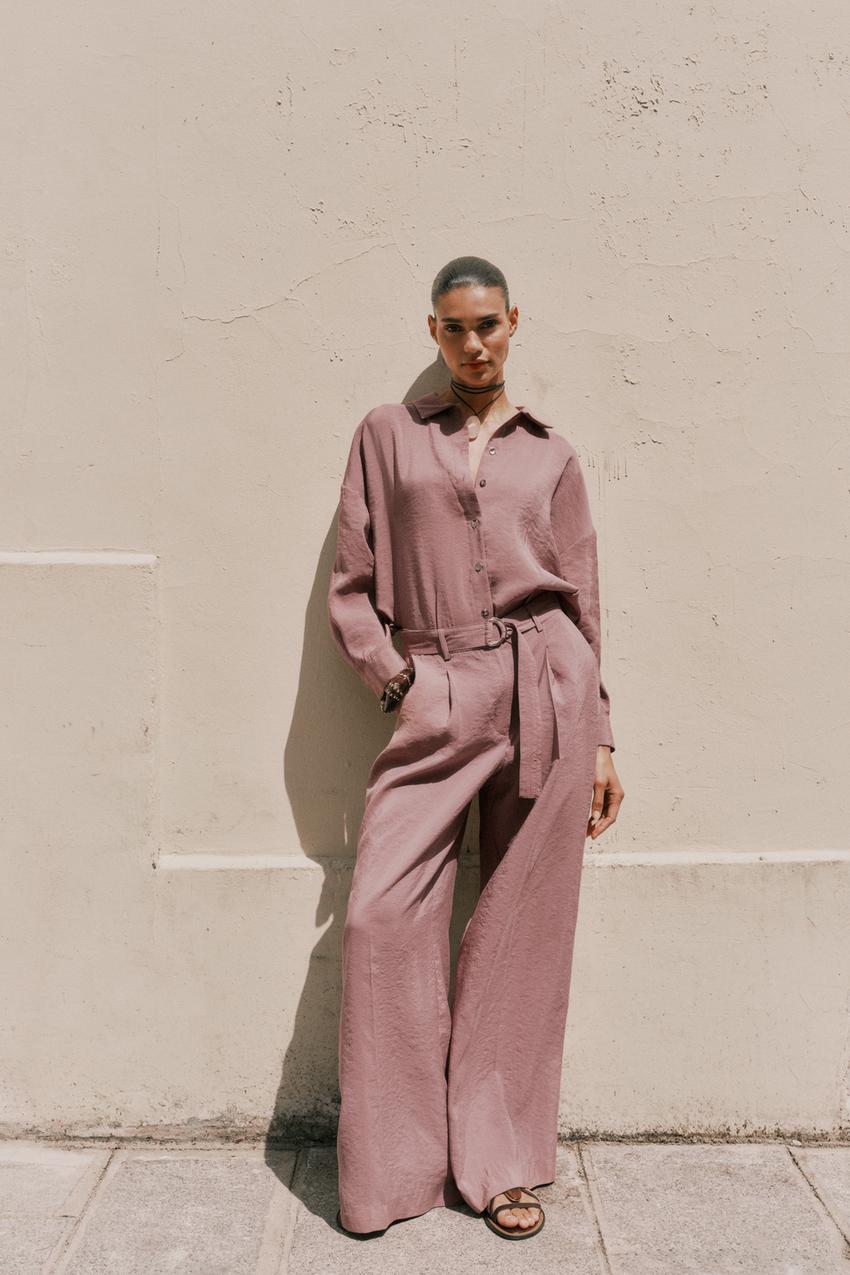 FLOWY WIDE LEG BELTED PANTS