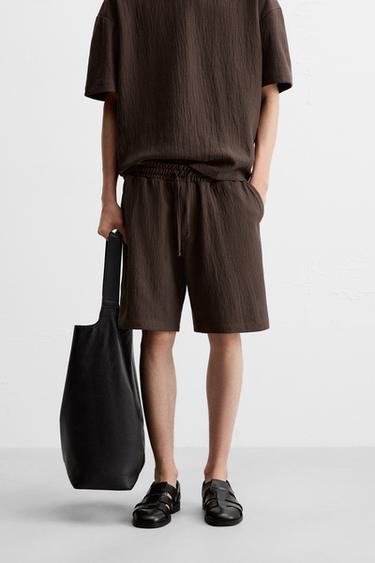 Zara TEXTURED JOGGER SHORTS - Chocolate