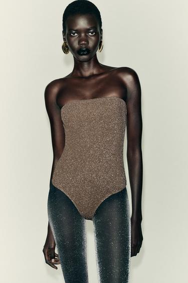 METALLIC THREAD BANDEAU BODYSUIT - Gold by Zara