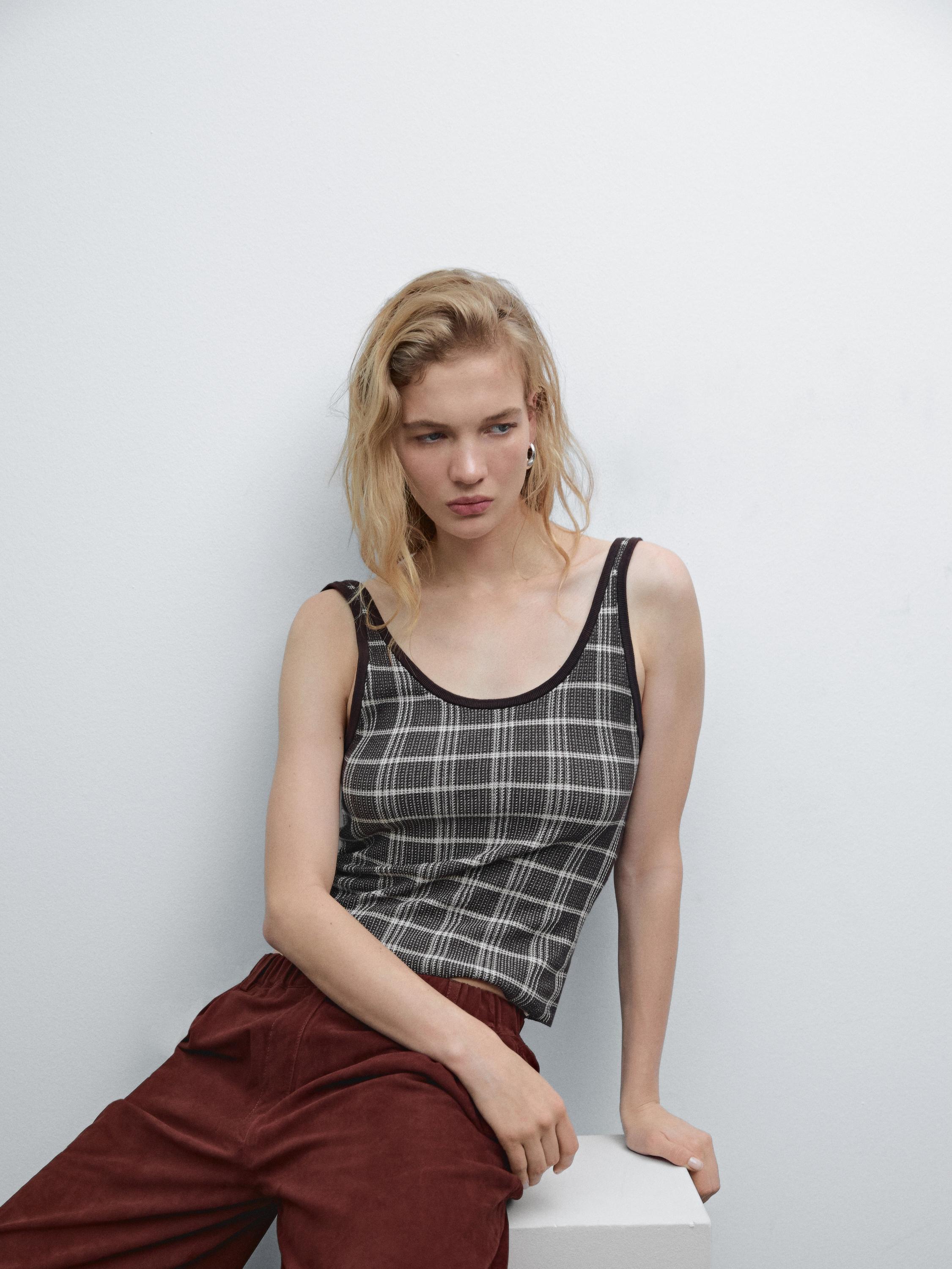 100% cotton check knit top - Chocolate | ZARA United States