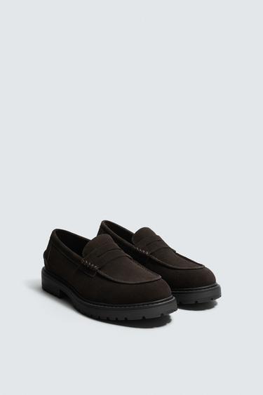 Zara LEATHER PENNY LOAFERS - Brown