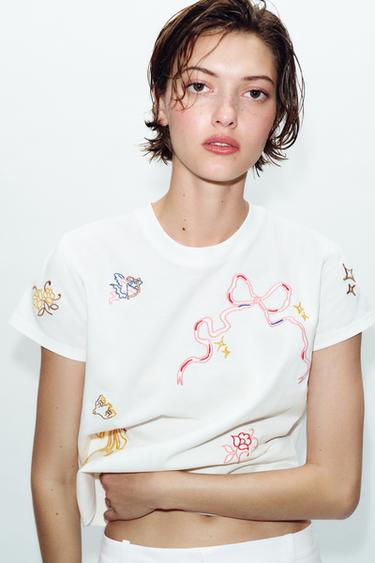Zara CONTRAST EMBROIDERY T-SHIRT - Oyster-white