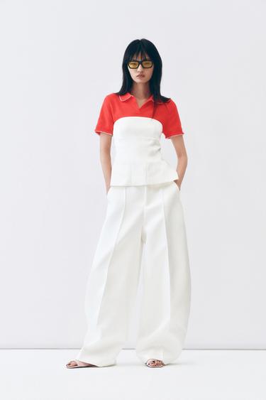 Zara 平口緞面束腰寬襬上衣 - 磨白色