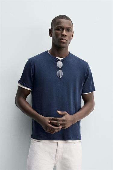 LINEN - COTTON T-SHIRT - Blue by Zara