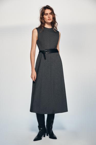 VESTIDO MIDI JASPEADO CINTURÓN - Gris vigoré de Zara