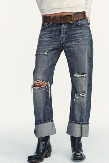 Zara TRF 中腰直筒破損牛仔褲 - 海藍色