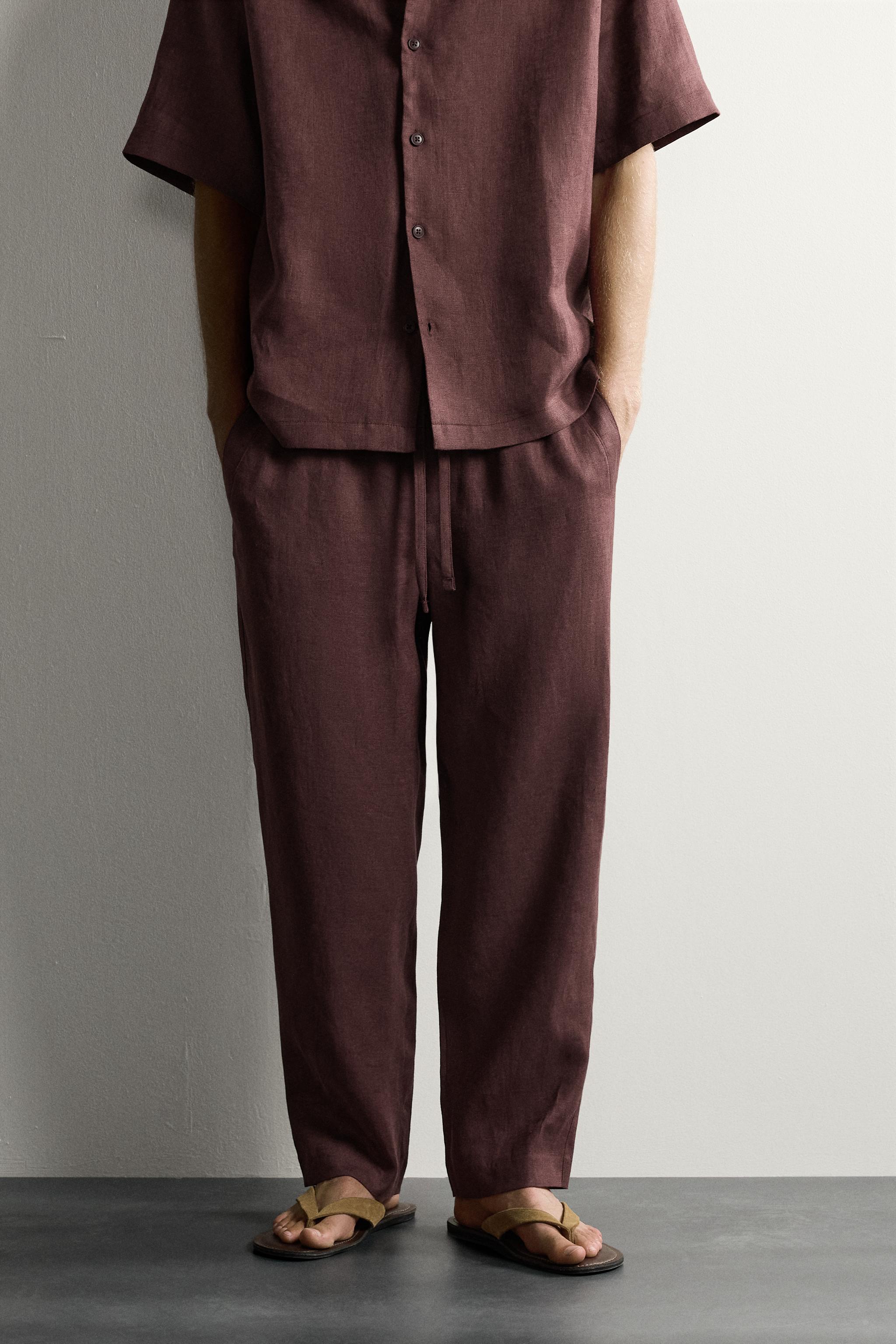 RELAXED FIT 100% LINEN PANTS — Burgundy