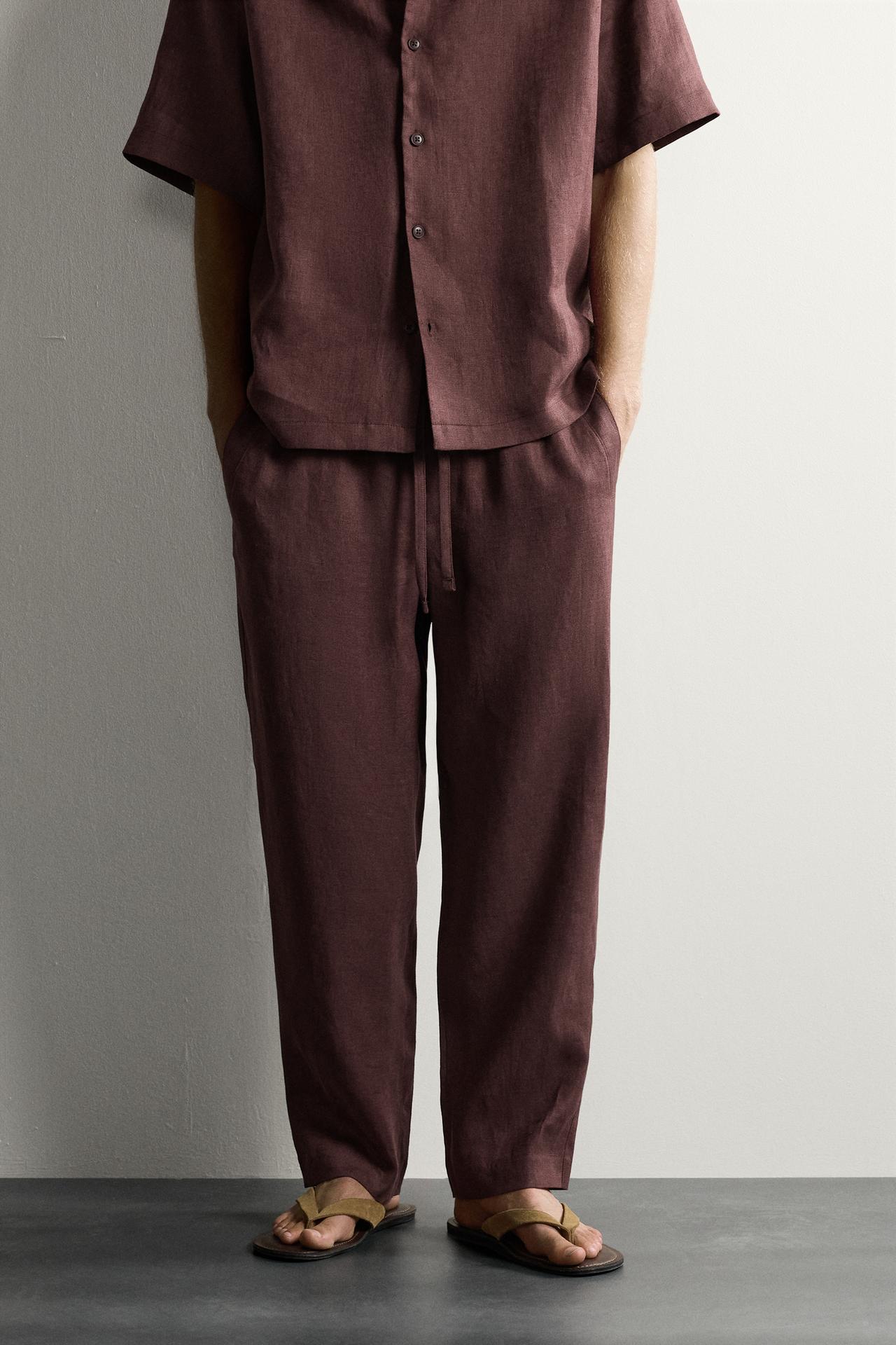100% LINEN RELAXED FIT PANTS — Burgundy