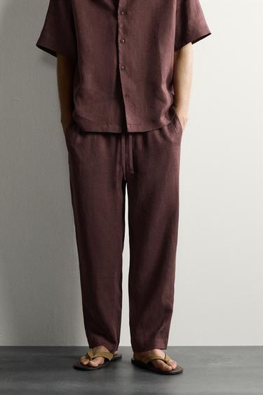 Zara 100% LINEN RELAXED FIT PANTS - Burgundy