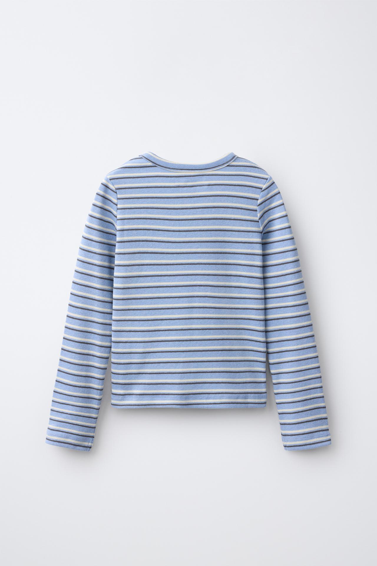 STRIPED RIBBED V-NECK T-SHIRT — Striped