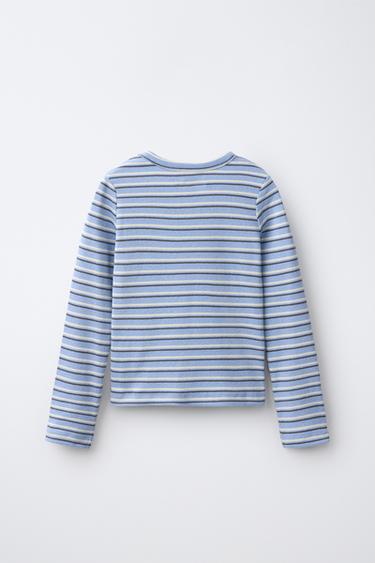 STRIPED RIBBED V-NECK T-SHIRT — Striped 2