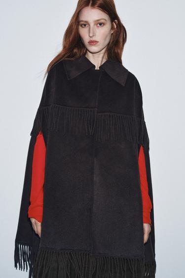 WOOL FRINGED CAPE - Brown by Zara
